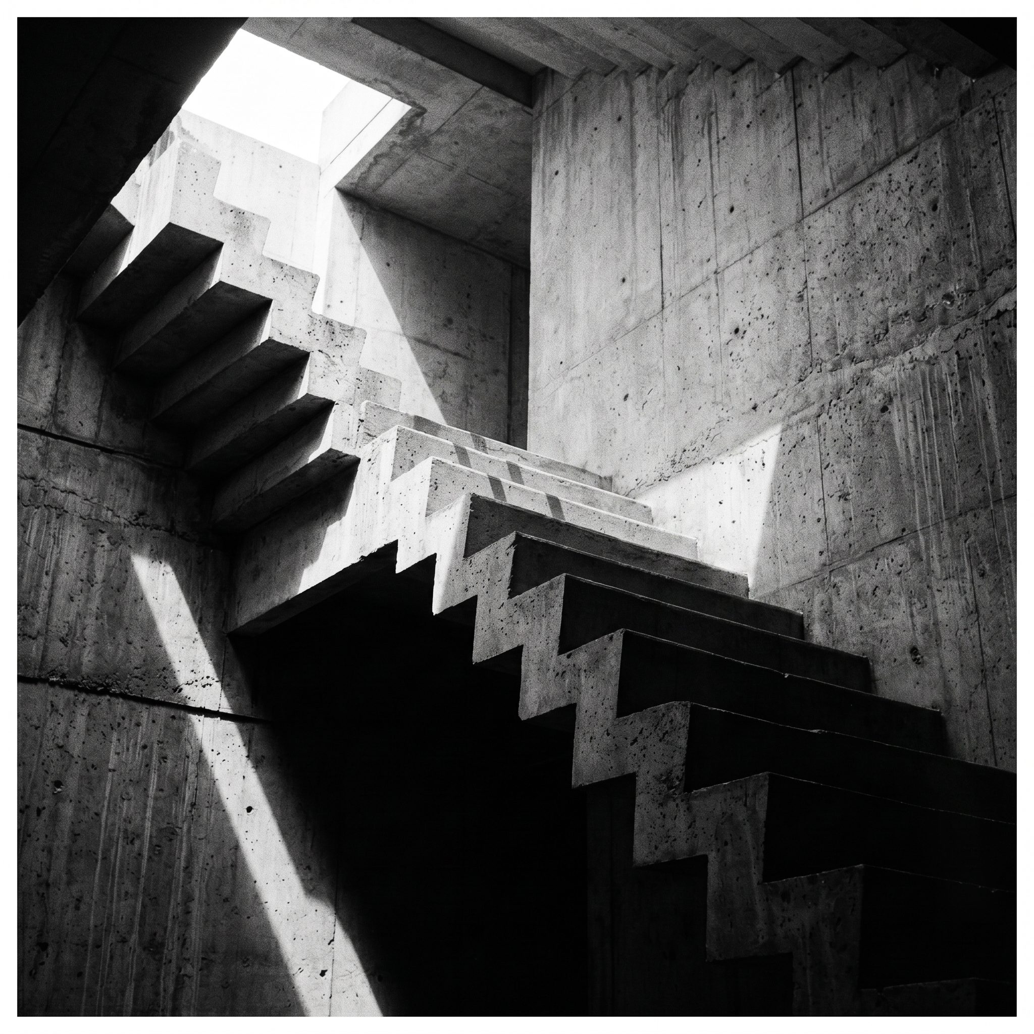 A concrete stairwell turning through a shaft of diagonal light