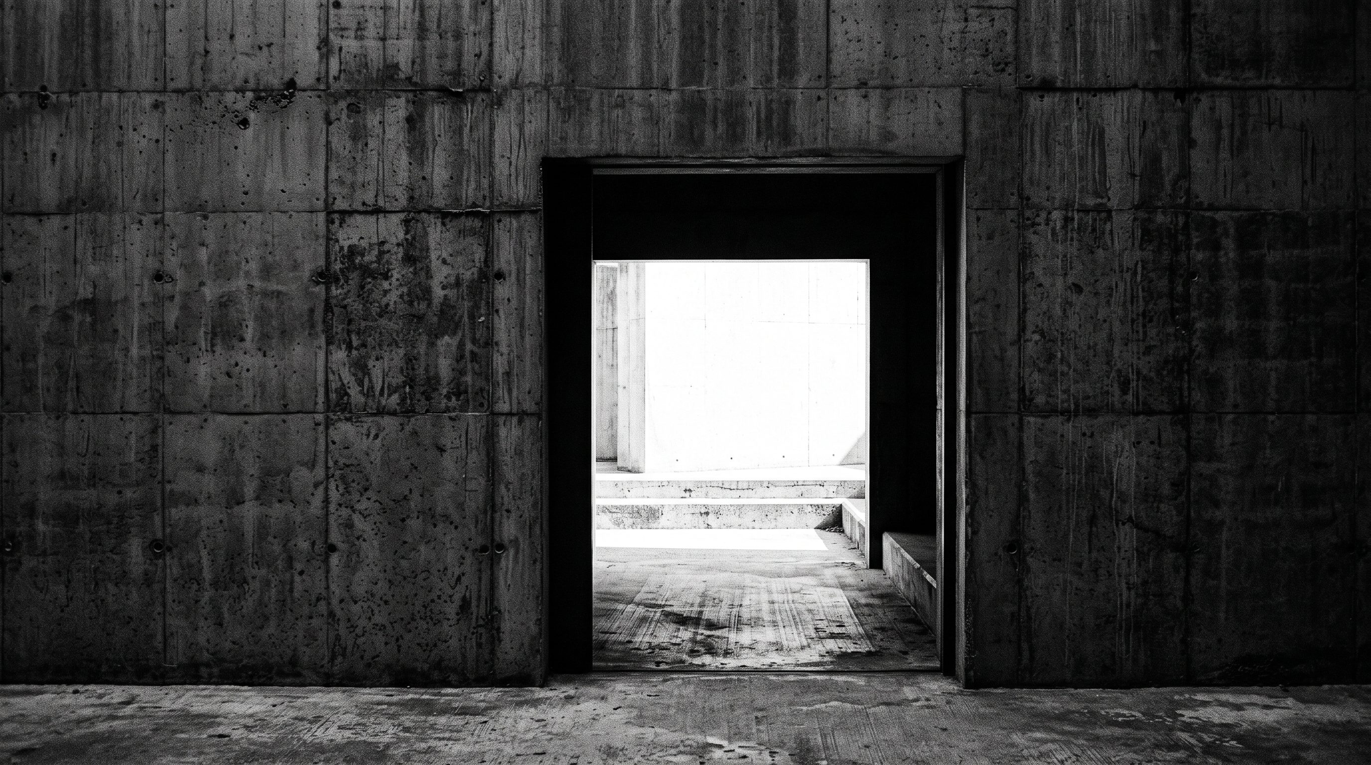 A single bright doorway opening in a dark concrete wall