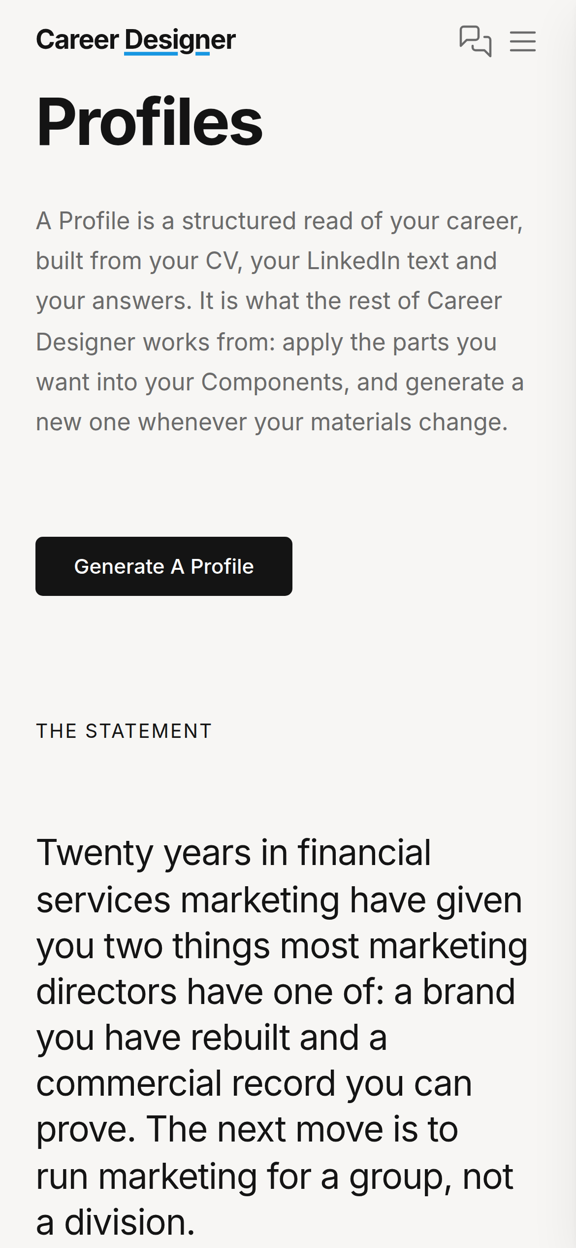 Career Designer Profile on mobile