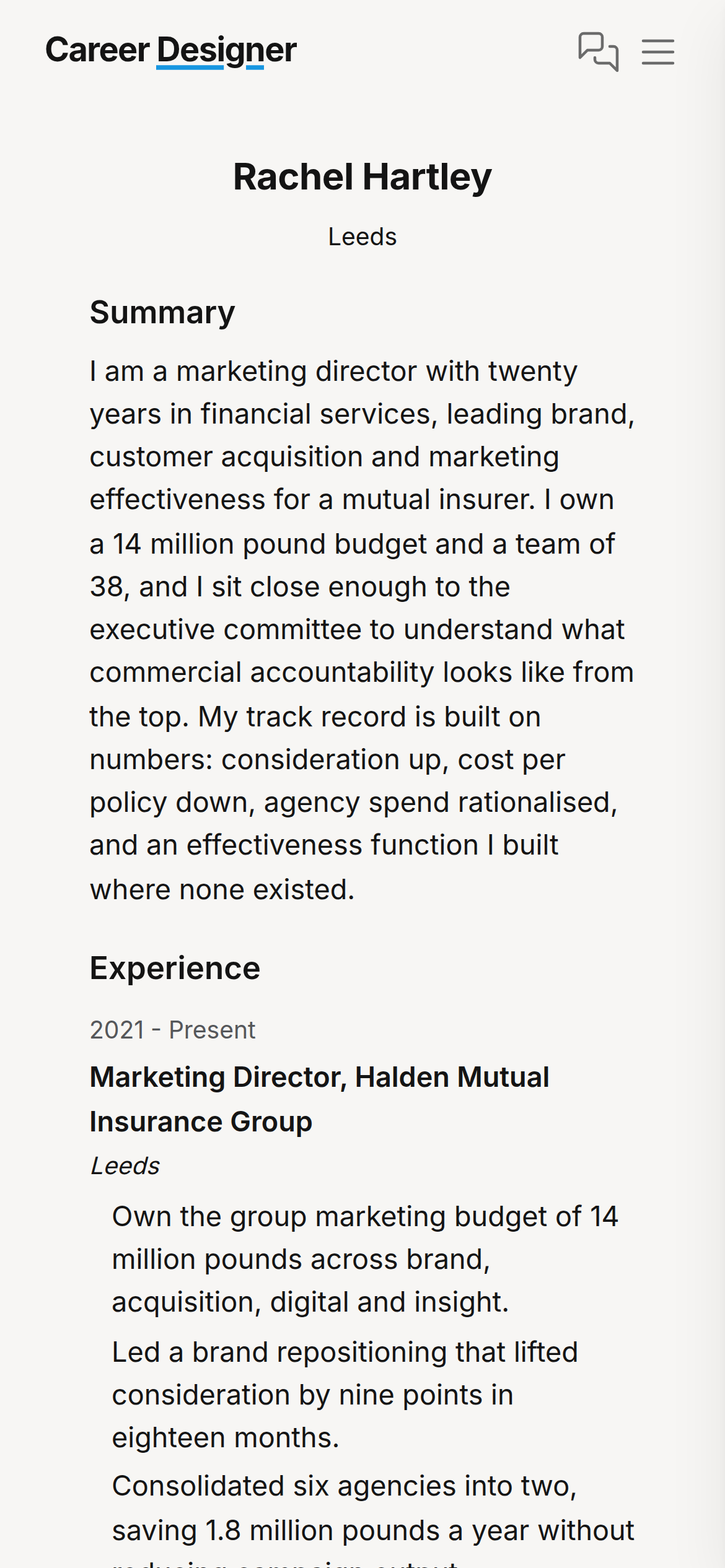 Career Designer generated CV on mobile