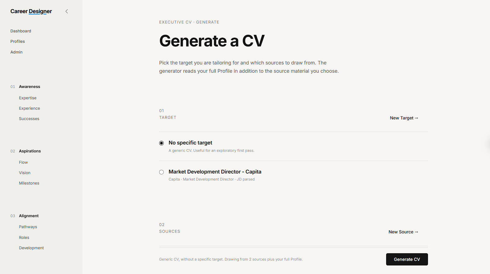 The Executive CV generator, choosing a target role and the sources to draw from before generating