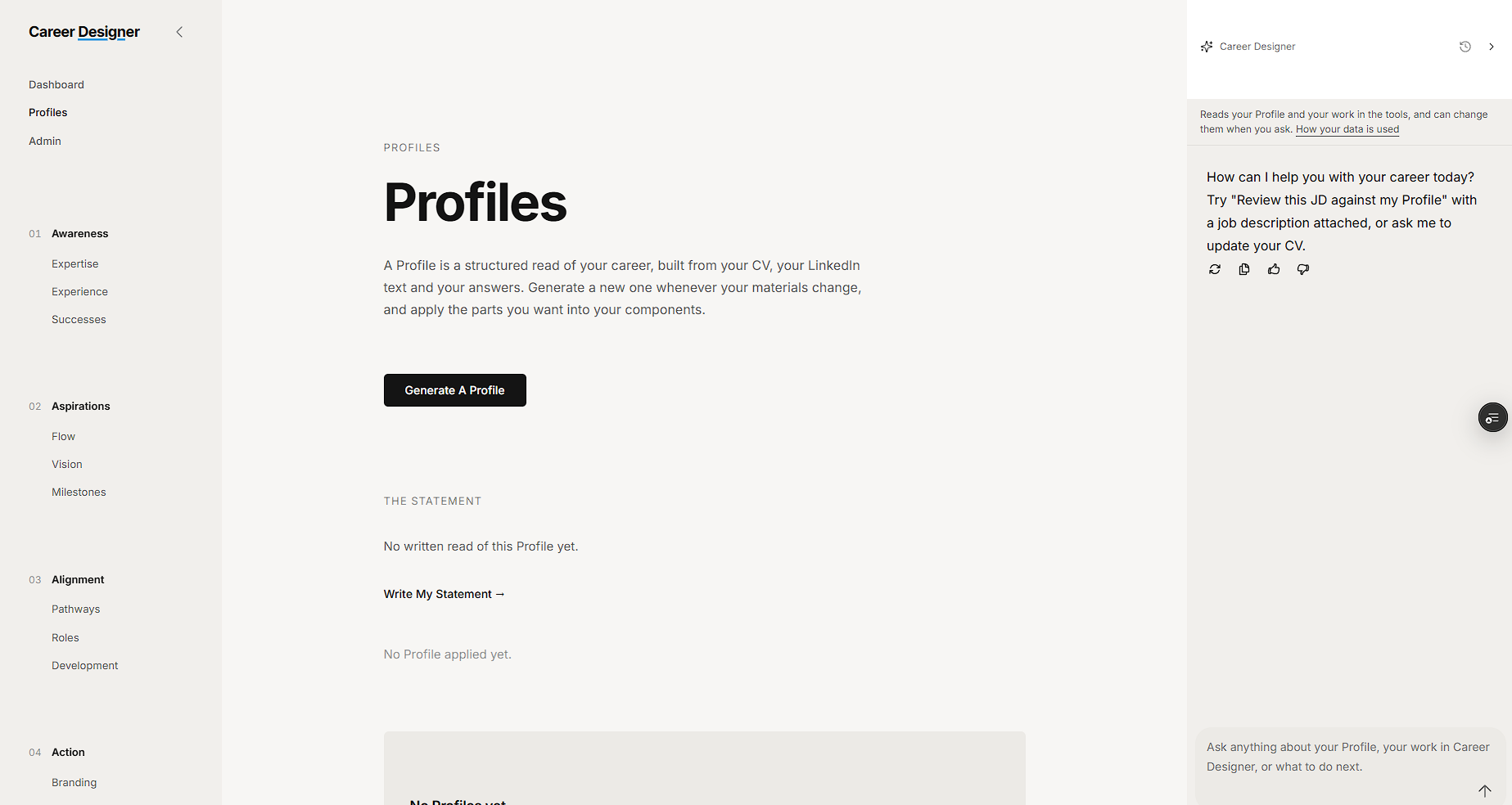 The Profiles surface, with the assistant panel open beside it declaring what it reads and what it can change