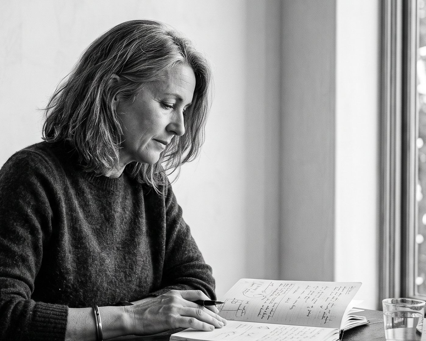 A woman writing by a window, a notebook open in front of her
