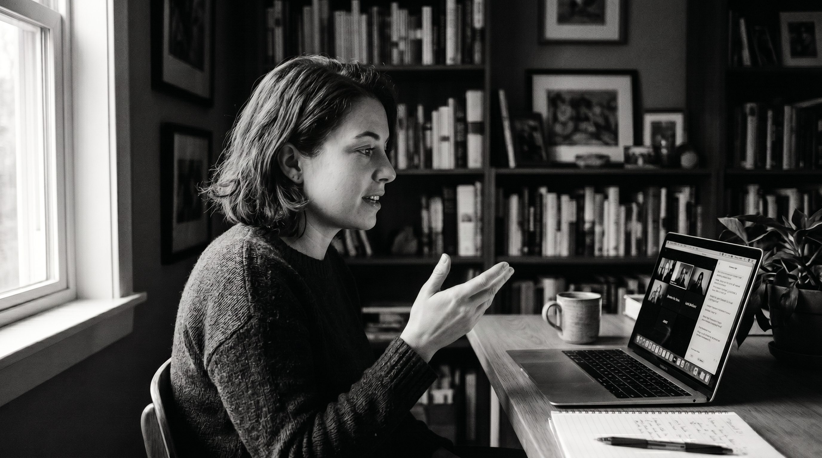 A woman in profile speaking to a laptop on a video call, bookshelves behind her