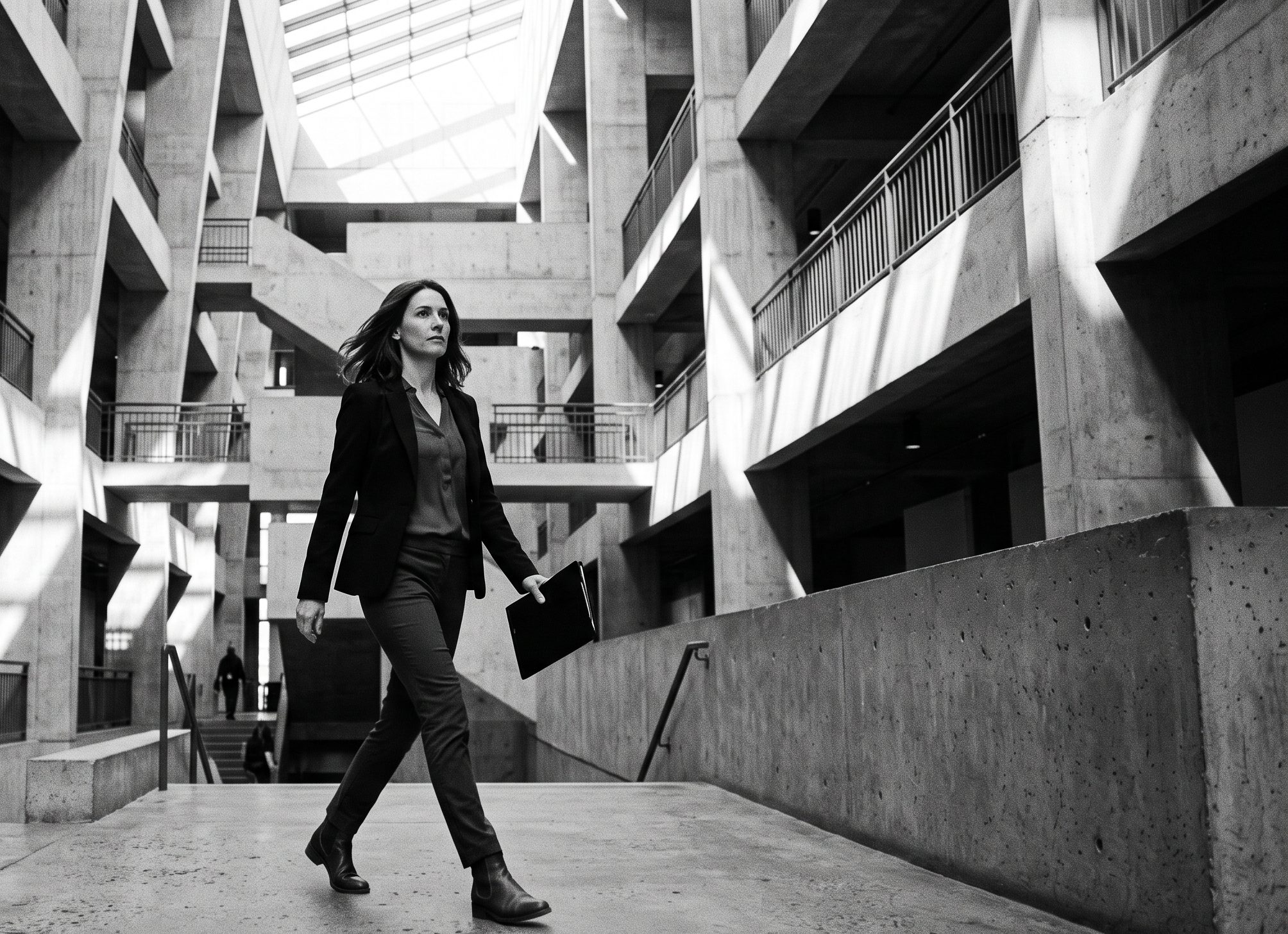 A woman mid-stride through a concrete atrium under a skylight